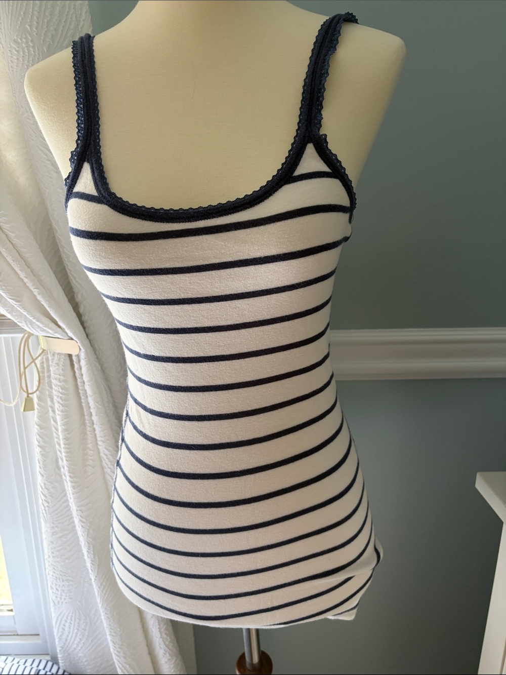 White and Navy Striped Knit Tank Top